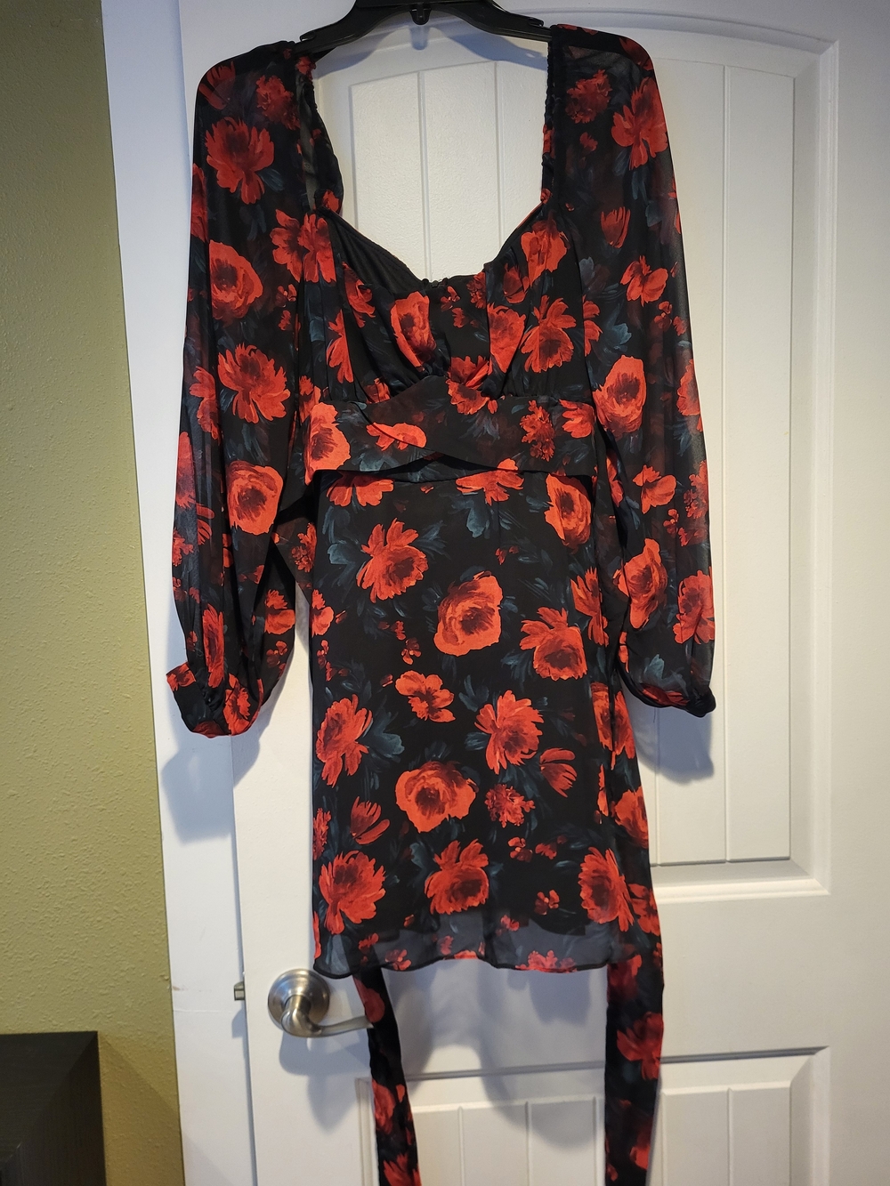 B Darlin Black Dress with Red Floral Print — Long Sleeve Tie-Back Mini